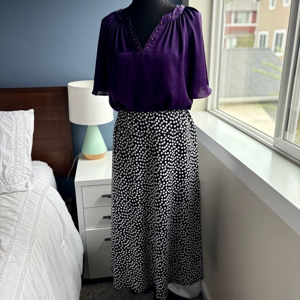 Chaus Polka Dot Black and White Women's A-Line Elastic Waist Midi Skirt